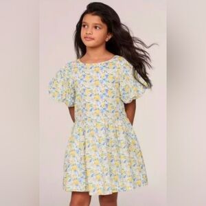 Janie and Jack Yellow and Blue Floral Puff-Sleeve Dress. Size 14. NWT. MSRP $64
